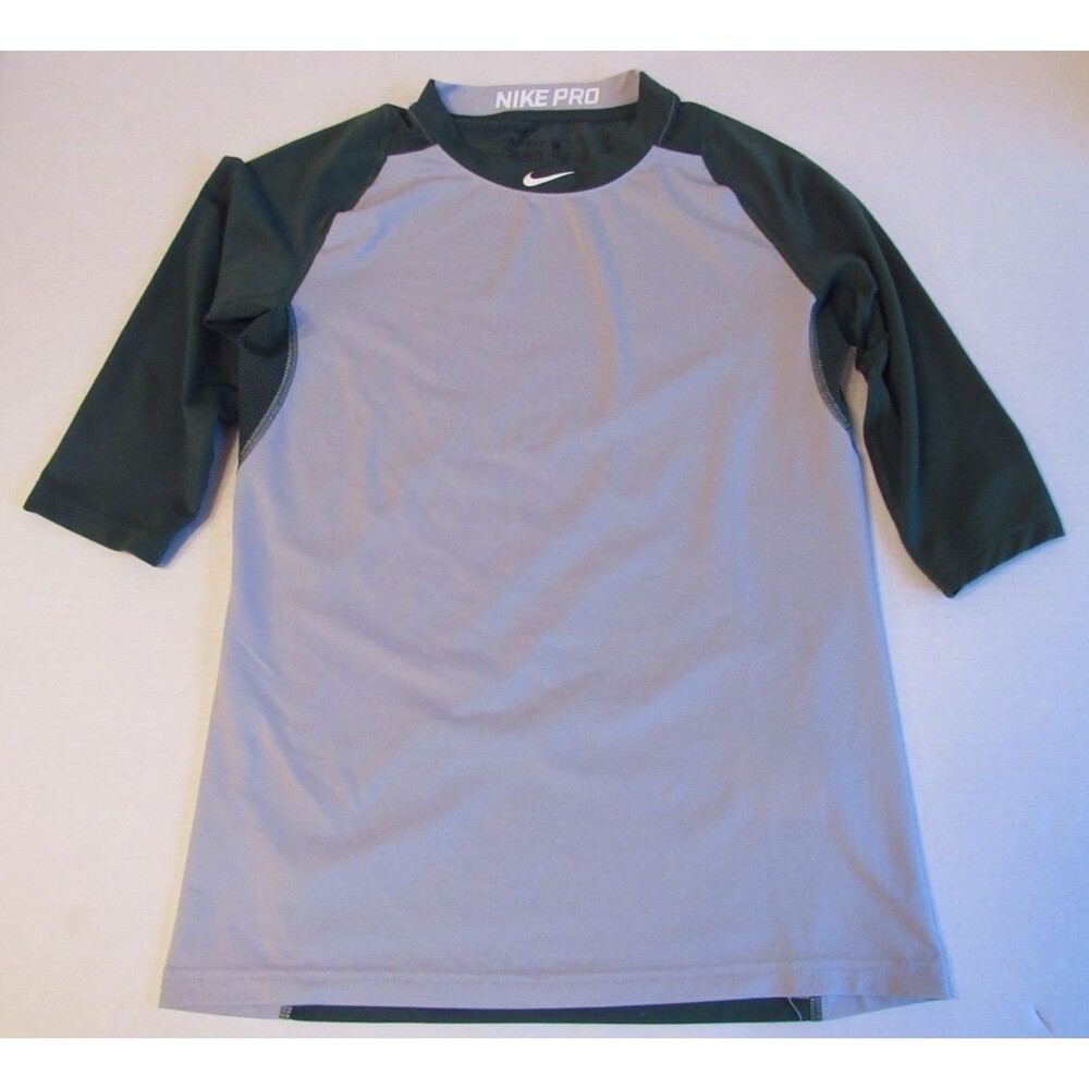 Nike Pro Dri Fit Youth Fitted 3/4 Sleeve Green/Gray Swoosh Logo Shirt Size L